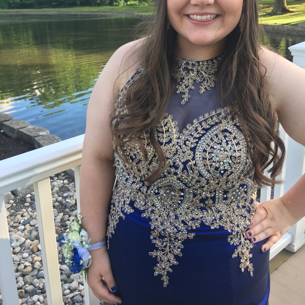 Navy Blue and Gold Prom Dress